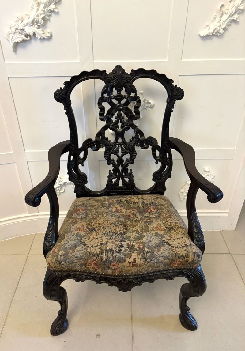 Antique Exceptional Victorian Carved Mahogany Chippendale Style Ribbon Back Desk Chair - Image 11